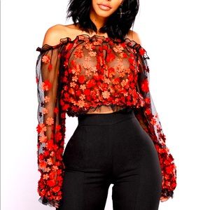 Off Shoulder Flower Embroidered Mesh Top